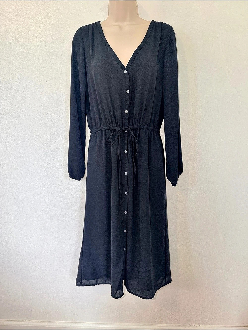 Gap Long Sleeve Button-Down Midi Dress Black Size Small Petite Like New
